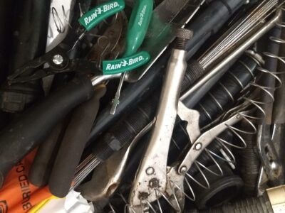One contribution I’m making to my neighborhood is helping to fix our irrigation system. Here’s a peek inside my new irrigation tool box I assembled for the purpose starting with the box itself, which I scavenged from our dumpster.