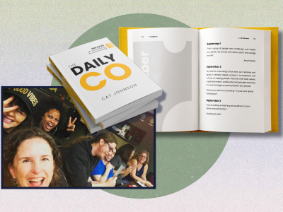 Photo collage featuring smiling coworkers and the book, the Daily Co