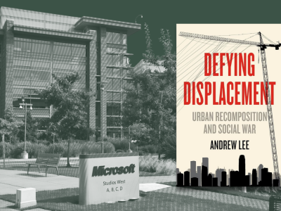Image of defying displacement color cover and green microsoft campus in seattle