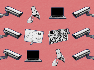 Collage featuring surveillance cameras, phone, laptop, and protest signs
