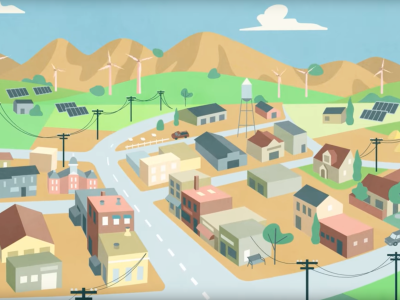 The Story of Rural Electric Cooperatives: Illustration of a community in the foreground with windmills in the background